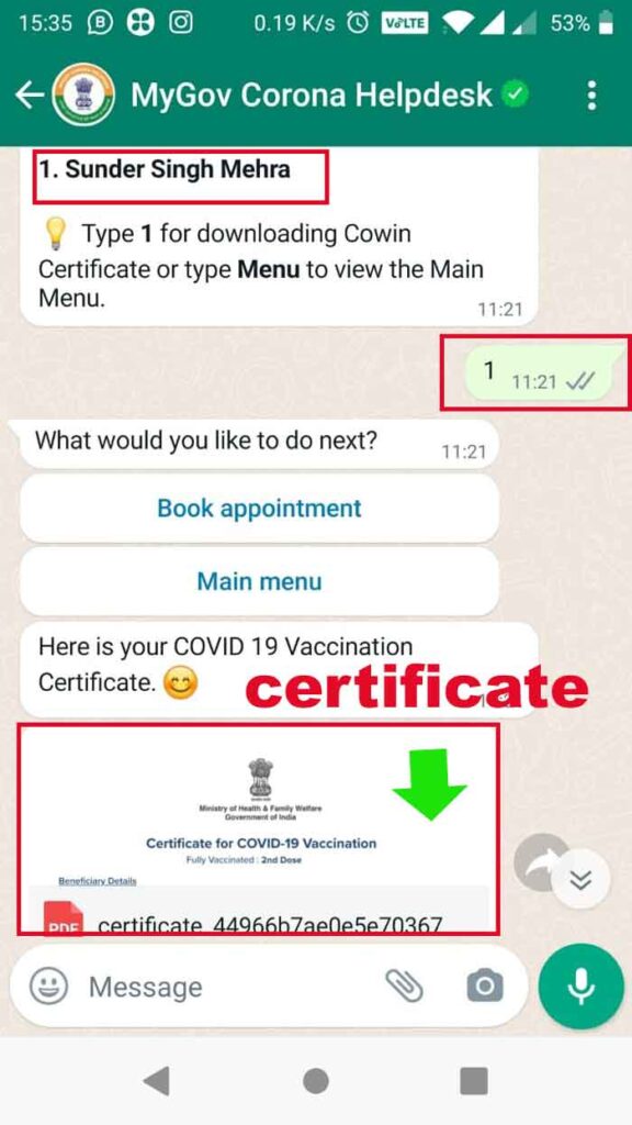 whatsapp covid certificate 