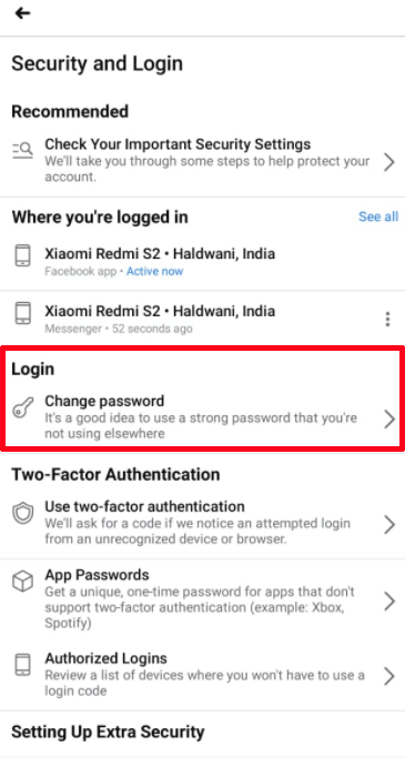 change facebook password on android