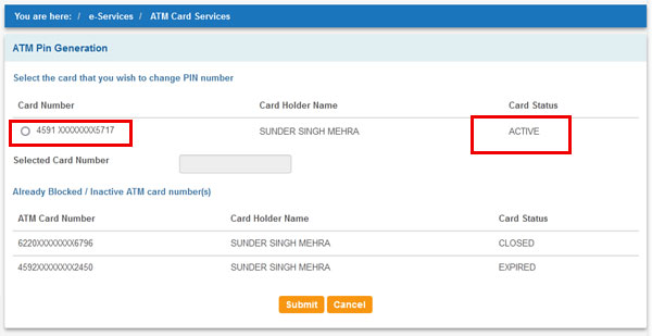select atm card whose pin you want to reset